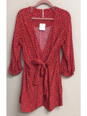 Free People NWT Clara Wrap Mini Dress Tie Front Red Floral Size Large